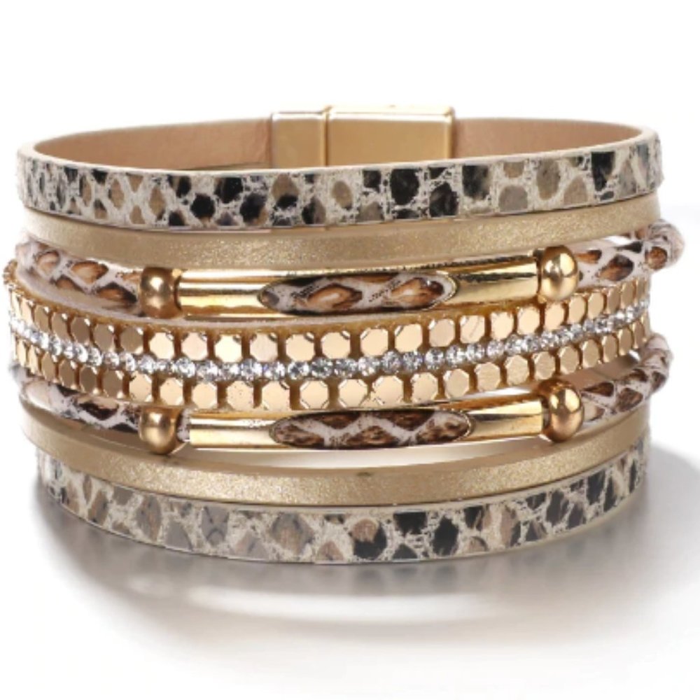 BEIGE Leather Bracelet - Gold plated Chain details